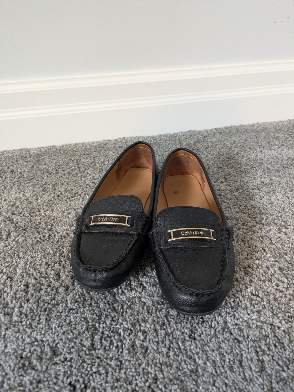 Calvin Klein Black Slip-On Leather Loafers with Gold Accent